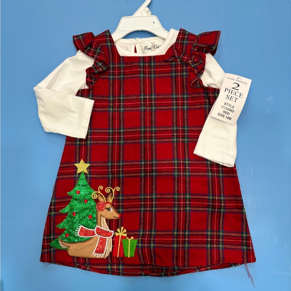 NWT Red Plaid Dress with Reindeer and Tree Appliqué